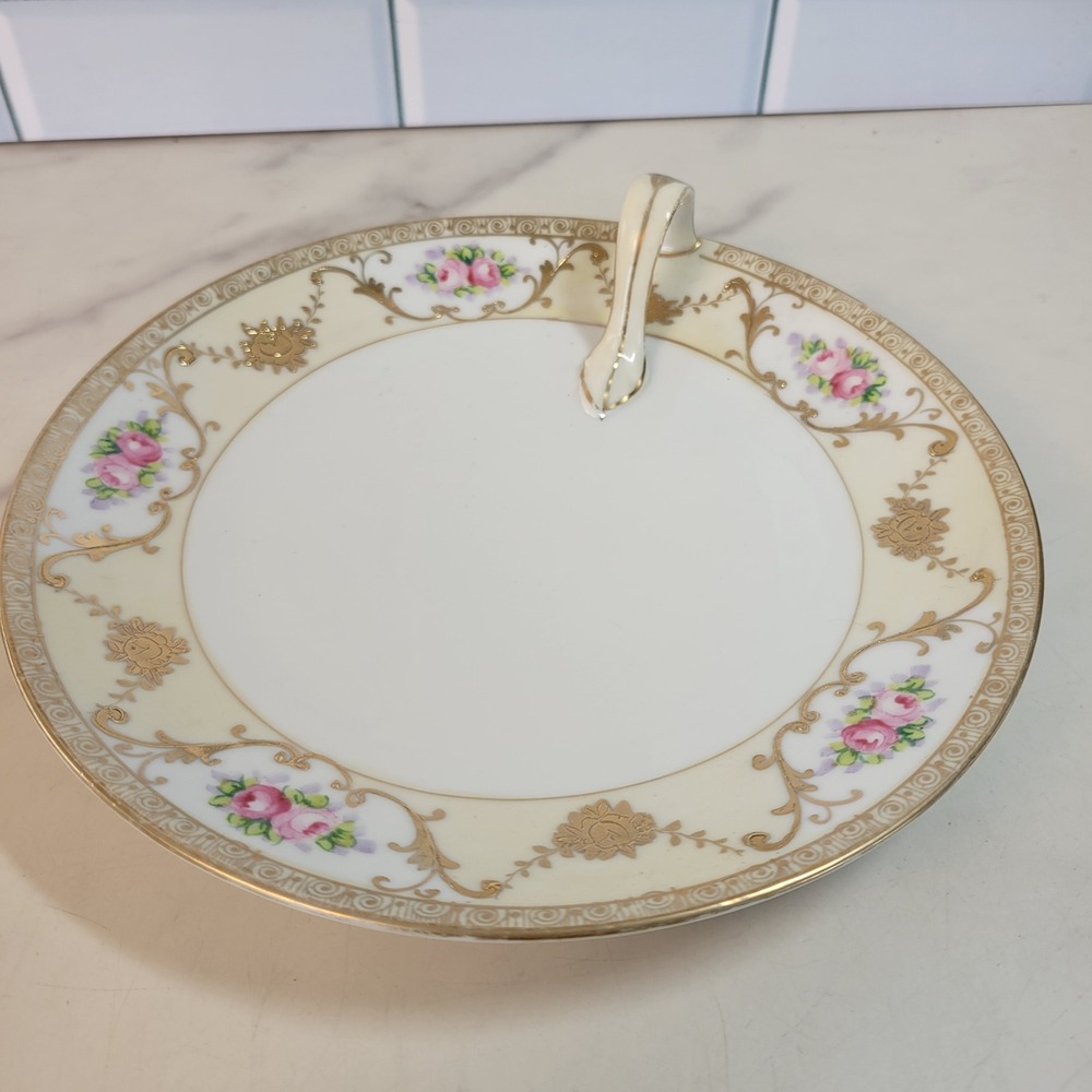 Nippon Hand Painted Porcelain Nappy Dish Pink Roses Gold Moriage Handle